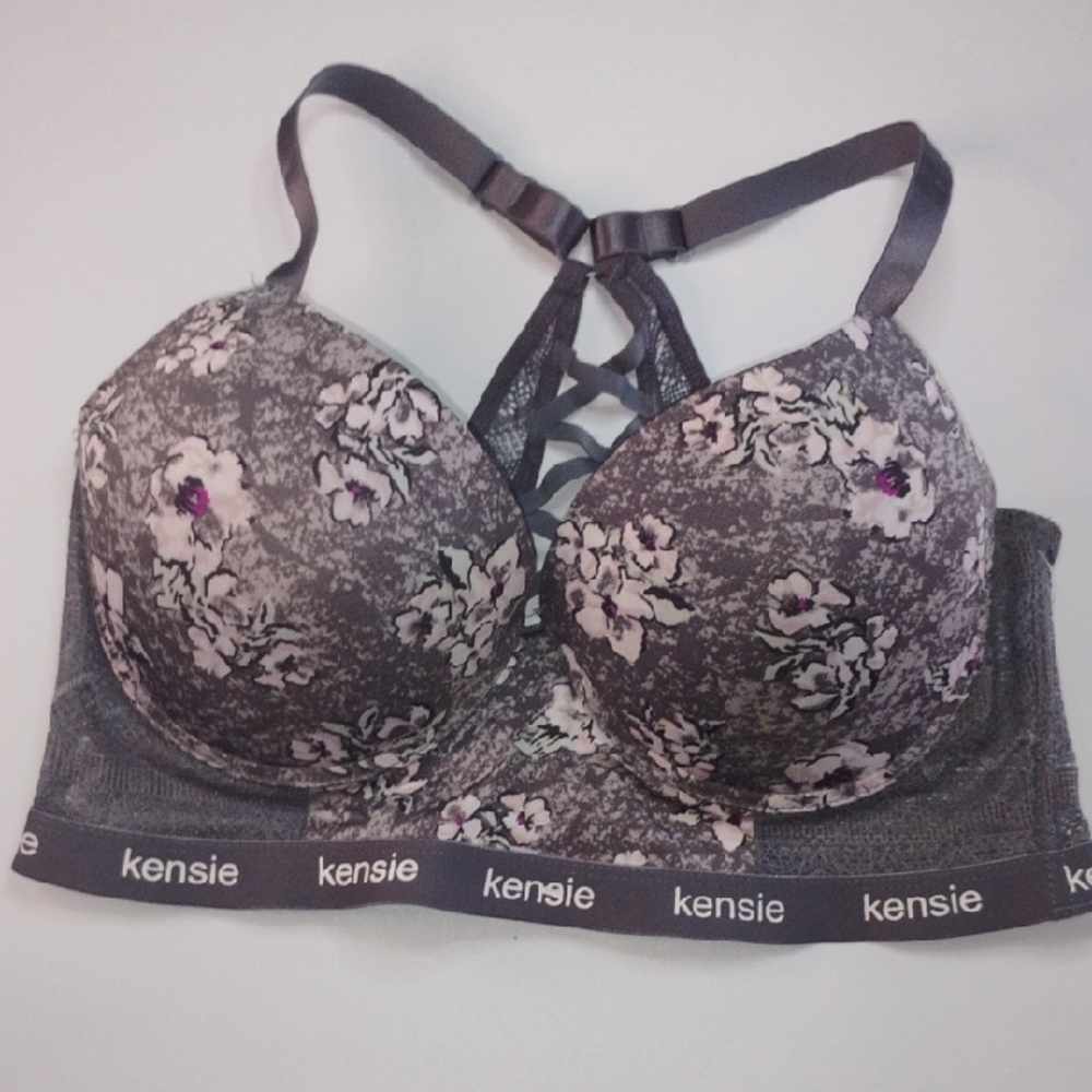 Kensie Floral Pinkish White Pattern Bralette Dark Gray Lace Trim & Back 38C Sexy